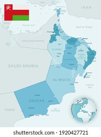 Blue-green detailed map of Oman administrative divisions with country flag and location on the globe. Vector illustration