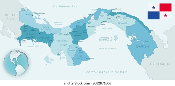 Blue-green detailed map of Panama administrative divisions with country flag and location on the globe. Vector illustration