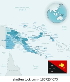 Blue-green detailed map of Papua New Guinea administrative divisions with country flag and location on the globe. Vector illustration svg