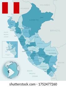 Blue-green detailed map of Peru administrative divisions with country flag and location on the globe. Vector illustration