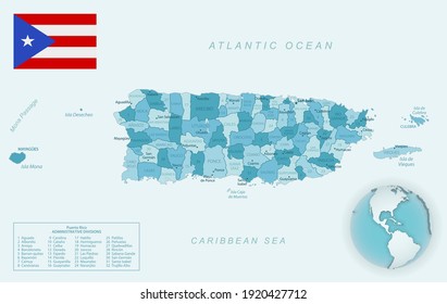 Blue-green detailed map of Puerto Rico administrative divisions with country flag and location on the globe. Vector illustration