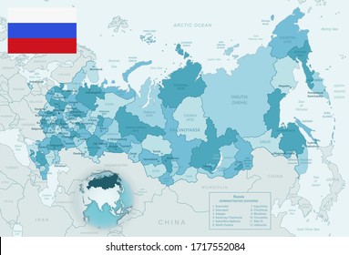 Blue-green detailed map of Russia administrative divisions with country flag and location on the globe. Vector illustration
