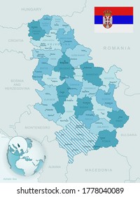 Blue-green detailed map of Serbia administrative divisions with country flag and location on the globe. Vector illustration