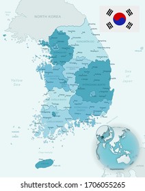 Blue-green detailed map of South Korea and administrative divisions with country flag and location on the globe. Vector illustration