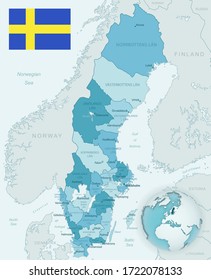 Blue-green detailed map of Sweden administrative divisions with country flag and location on the globe. Vector illustration