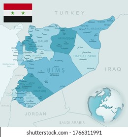 Blue-green detailed map of Syria administrative divisions with country flag and location on the globe. Vector illustration