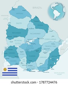 Blue-green detailed map of Uruguay administrative divisions with country flag and location on the globe. Vector illustration