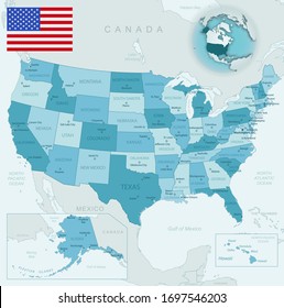 Blue-green detailed map of USA and administrative divisions with country flag and location on the globe. Vector illustration
