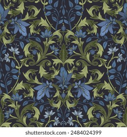 Blue-green floral pattern. Seamless classic ornament. 