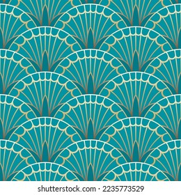 Blue-green Floral Seamless Art Deco Pattern. Vector illustration