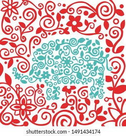 A blue-green flowers pattern elephant in red flowers pattern. 