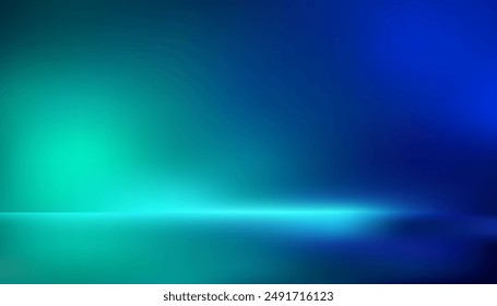 Blue-green gradient studio room, abstract background pattern, walls and floor reflect neon lights, dark tones and feel  speed of digital technology connected blue-green background. Future technology.