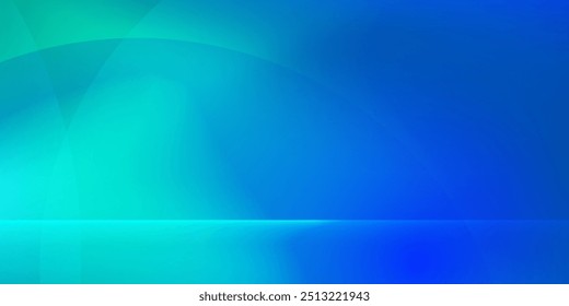 Blue-green gradient studio room, abstract background pattern, walls and floor reflect neon lights, dark tones 