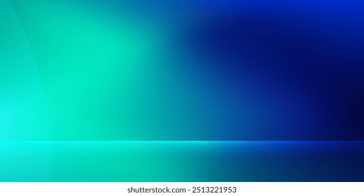 Sala de estudio degradado azul-verde, patrón de fondo abstracto, paredes y piso reflejan luces de neón, tonos oscuros 