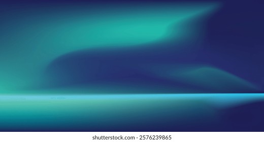 Blue-green gradient studio room, abstract background pattern, walls and floor reflect neon lights, dark tones and feel speed of digital technology
