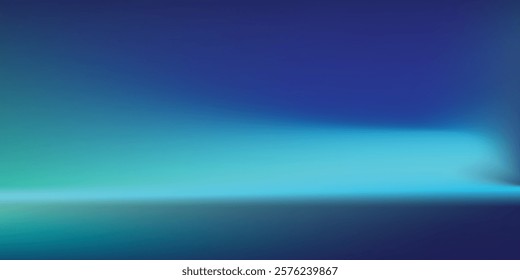 Blue-green gradient studio room, abstract background pattern, walls and floor reflect neon lights, dark tones and feel speed of digital technology