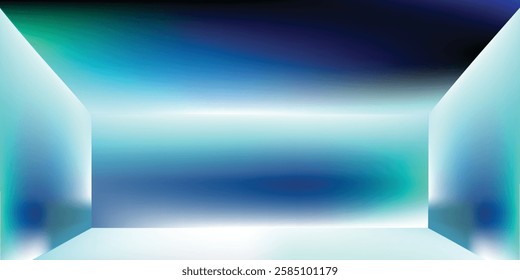 Blue-green gradient studio room, abstract background pattern, walls and floor reflect neon lights, dark tones and feel speed of digital technology connected blue-green background