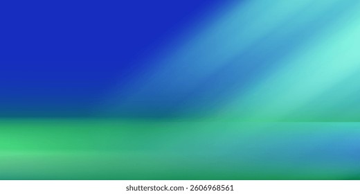 Blue-green gradient studio room, abstract background pattern, walls and floor reflect neon lights, dark tones and feel speed of digital technology connected blue-green background. Future technology.