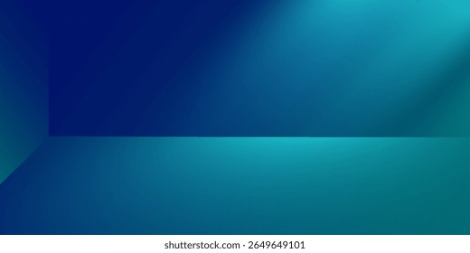 Blue-green gradient studio room, abstract background pattern, walls and floor reflect neon lights, dark tones and feel  speed of digital technology connected blue-green background. Future technology.