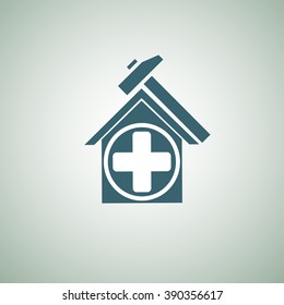 blue-green house icon with the plus icon and sickle on the roof, vector