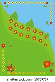 Blue-green illustration with red and yellow flowers and leaves.Place for your message.