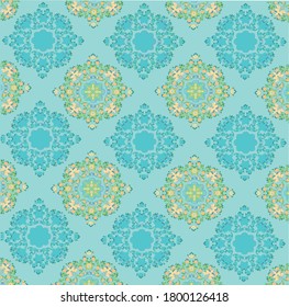 Blue-green and olive patterns on the cyan background