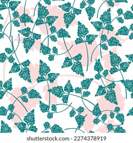 Hojas de apertura de color verde-azul dispuestas caóticamente en blanco.Fondo con siluetas de plantas en rosa pastel.Patrón estacional floral sin costura para imprimir en tela y papel.Ilustración plana vectorial.