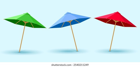 blue,green and red realistic beach umbrella set isolated on light blue background.summer vacation leisure umbrella vector illustration.