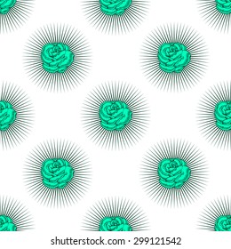 Blue-green roses with thorns seamless pattern background.