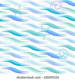 Blue-green seamless pattern with waves, seastars and shells
