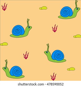 blue-green snail crawling among the rocks and seaweed on the sand