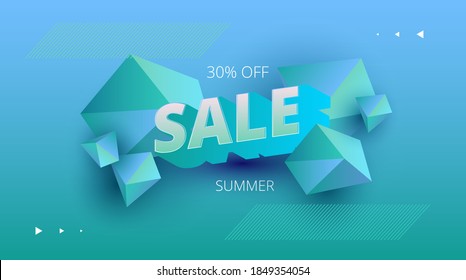 
blue-green vector background with volumetric polygons inscription sale