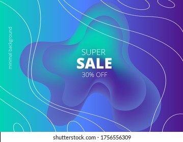 Blue-green vector background with volumetric shapeless figure and white thin wavy lines