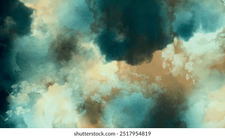 Blue-green and white watercolor background with abstract cloudy sky. Gray white and blue-green gradient watercolor background design.	