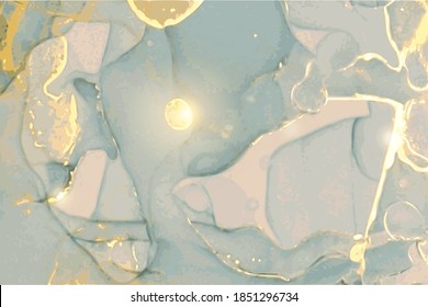 Textura de mármol azul-gris y dorado. Resumen del fondo vectorial en la técnica de tinta alcohólica. Pintura moderna en colores naturales con brillo. Plantilla para banner, diseño de afiches. Pintura de arte fluido