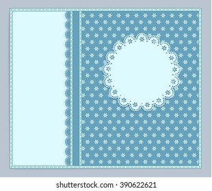 blue-grey greeting card with ribbon, lace, place for your text on little flower  background, vector illustration