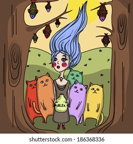 blue  haired girl and cats in magical forest  fish the trees