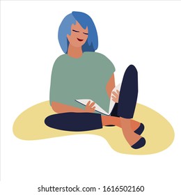 Blue-haired girl reading a book vector illustration. Flat style, isolated design element