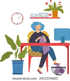 Blue-haired woman knitting at home desk, comfortable leisure activity, indoor plant and modern decor. Creative hobby and relaxation time at home vector illustration.