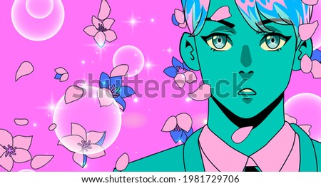 Blue-haired young man in pop art cartoon style. The petals of flowers is falling in front of him. Vector illustration in neon pastel vivid colors.