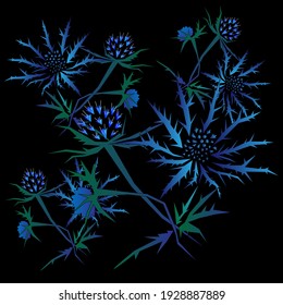 Flor de cabeza azul sobre fondo negro en ilustración vectorial