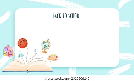 Blue-illustrated school equipment page border.