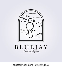 Bluejay Bird Perch In Badge Sky Background Logo Vector Illustration Design