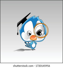 Bluejay Cartoon Bird big head with graduation hat with glass
