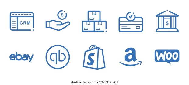 Blue-lined icon set for business: CRM, payroll, inventory, payment integration, bank, eBay, QuickBooks, Shopify, Amazon, and WooCommerce. Streamline your visuals with this cohesive collection.