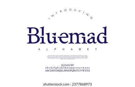 Bluemad creative modern urban alphabet font. Digital abstract moslem, futuristic, fashion, sport, minimal technology typography. Simple numeric vector illustration