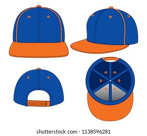 Blue-Orange Hip Hop Cap With Orange Line Piping, Snap Back Strap Design On White Background