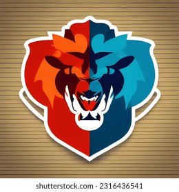 blue-orange lion logo, big, dashing lion, mouth open, sharp fangs, big ears, lion, long thick orange hair, authoritative, brave. golden background