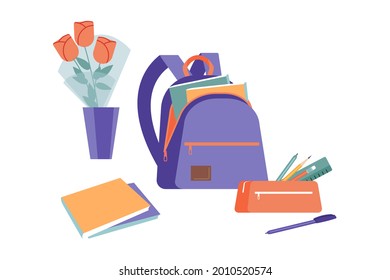 A blue-orange open backpack with textbooks. Notebooks, a pencil case, a vase with flowers. School supplies. The holiday is the day of knowledge on September 1. Flat cartoon vector illustration