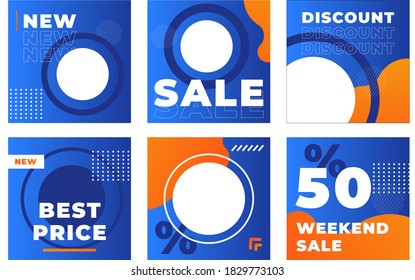 Blue&Orange Social Media Post Template for Digital Marketing and Advertising Sale Promo. Square Monochrome banner design. Set for Gym, Fitness, Fashion, Food dynamic.